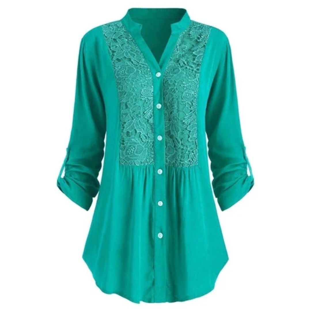 Elegant Heather Embroidered Fabric Blouse with Long Sleeves and Button Closure for Women.