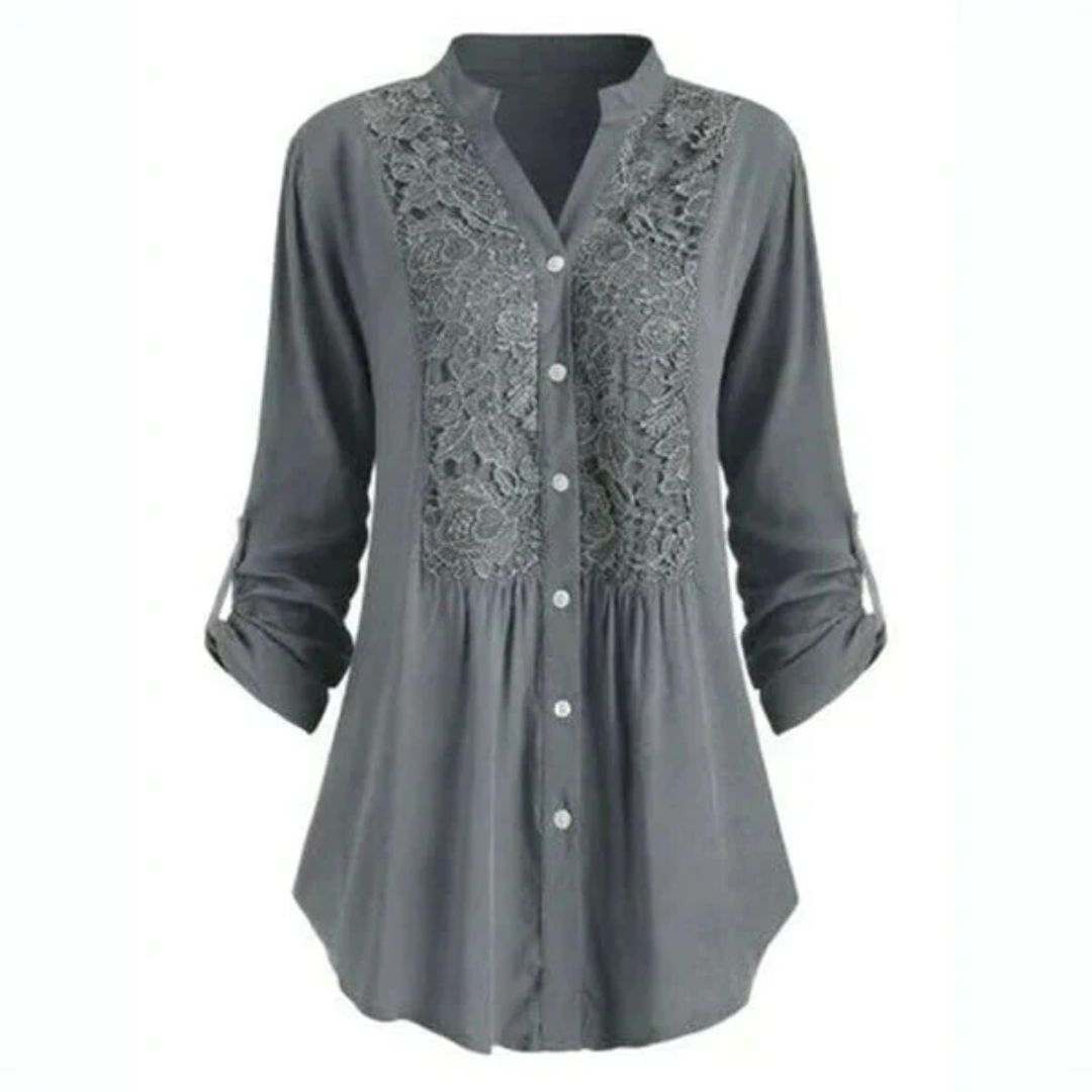 Elegant Heather Embroidered Fabric Blouse with Long Sleeves and Button Closure for Women.