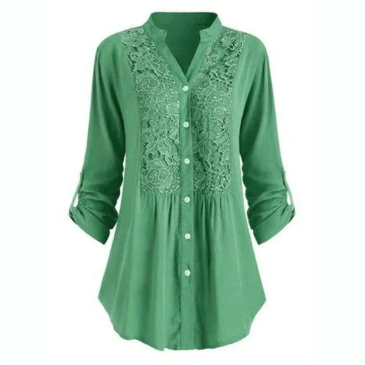 Elegant Heather Embroidered Fabric Blouse with Long Sleeves and Button Closure for Women.