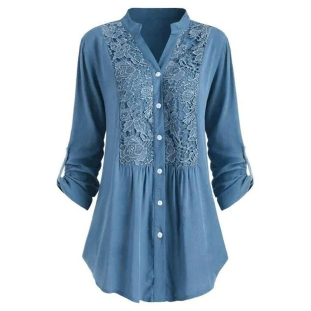 Elegant Heather Embroidered Fabric Blouse with Long Sleeves and Button Closure for Women.