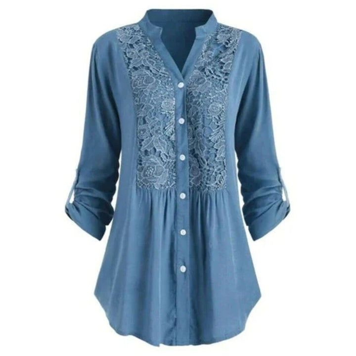 Elegant Heather Embroidered Fabric Blouse with Long Sleeves and Button Closure for Women.