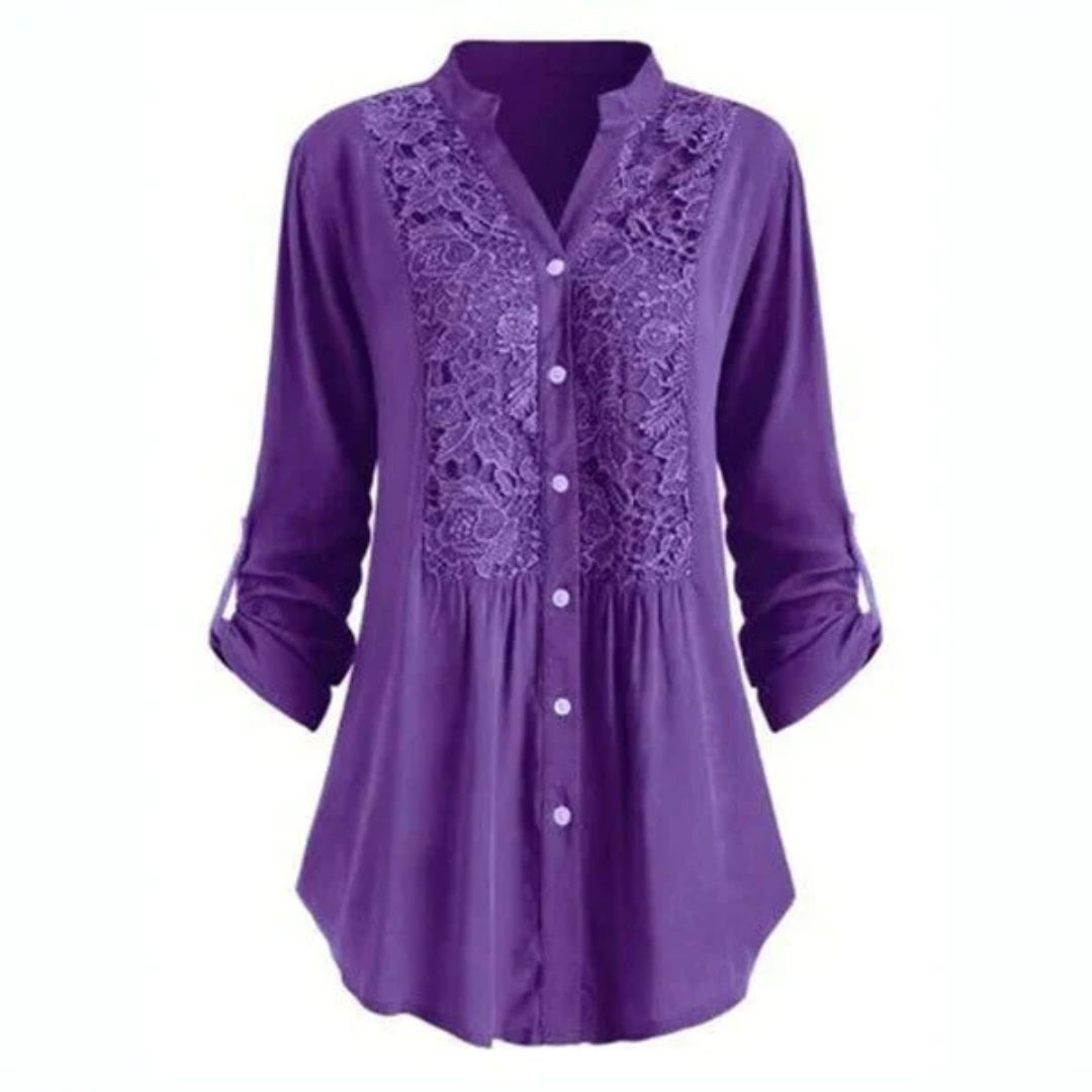 Elegant Heather Embroidered Fabric Blouse with Long Sleeves and Button Closure for Women.