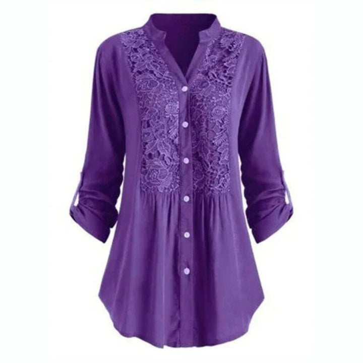 Elegant Heather Embroidered Fabric Blouse with Long Sleeves and Button Closure for Women.