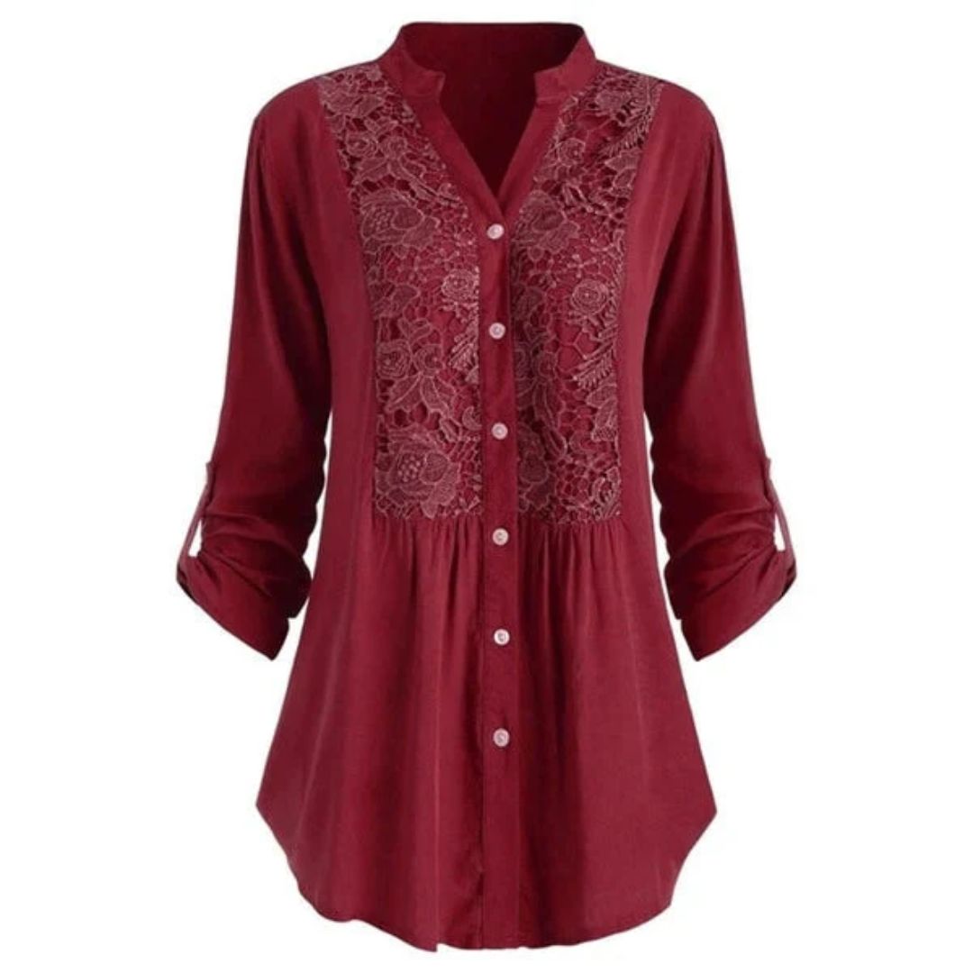Elegant Heather Embroidered Fabric Blouse with Long Sleeves and Button Closure for Women.