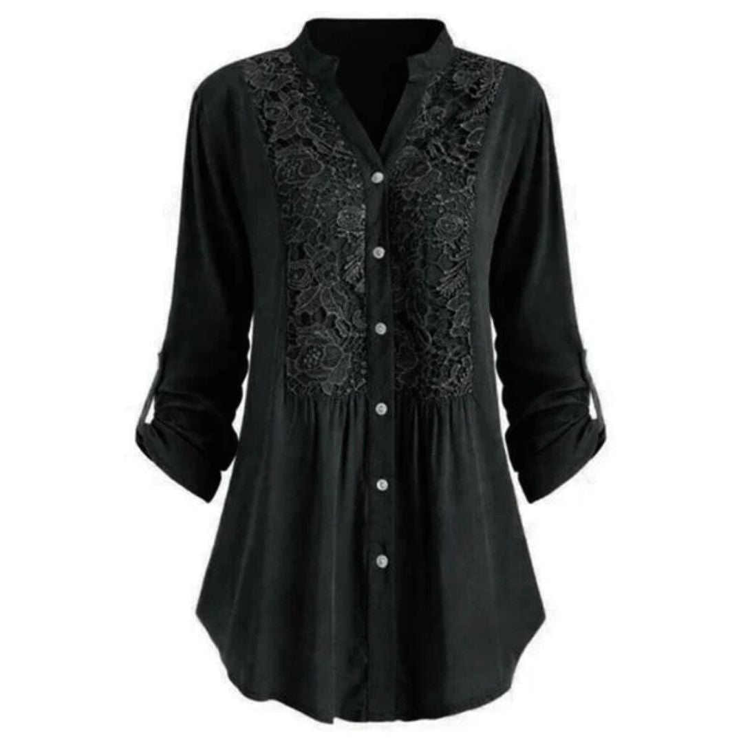 Elegant Heather Embroidered Fabric Blouse with Long Sleeves and Button Closure for Women.