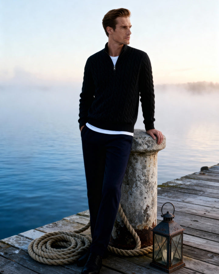 Pull homme en maille torsadée en coton, à col montant et fermeture éclair, pour l’automne