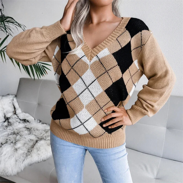 Sweet - Pull tricoté à col et V à la mode pour un look élégant