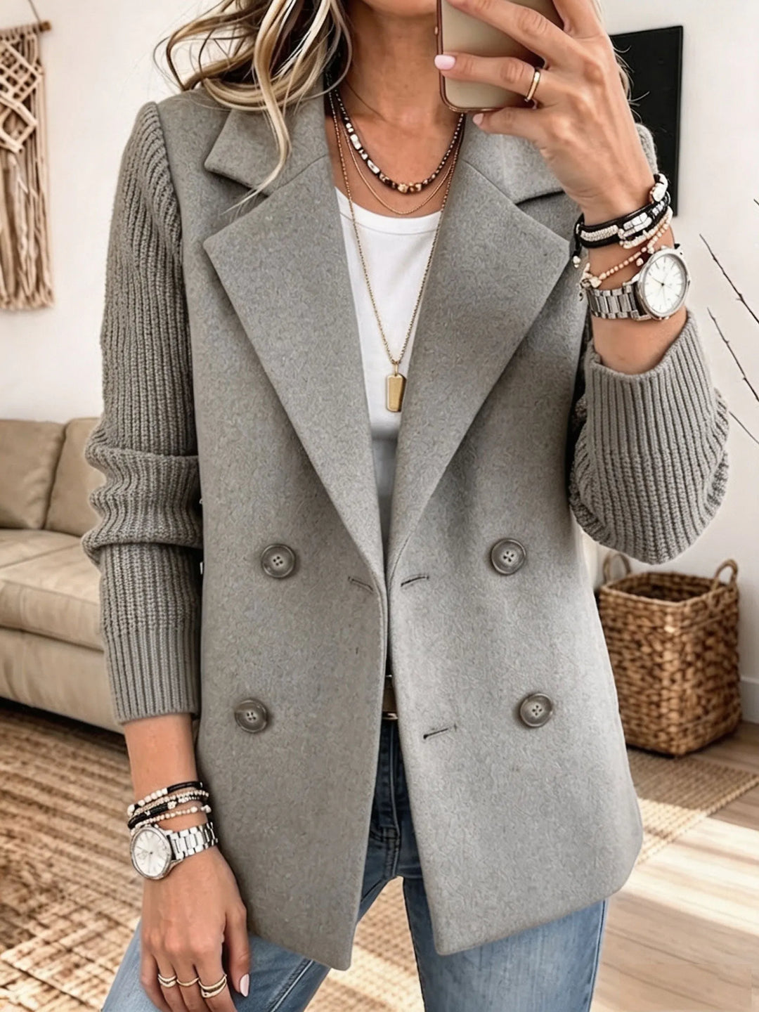 Veste blazer femme croisée en lainage avec manches en maille côtelée pour l'automne