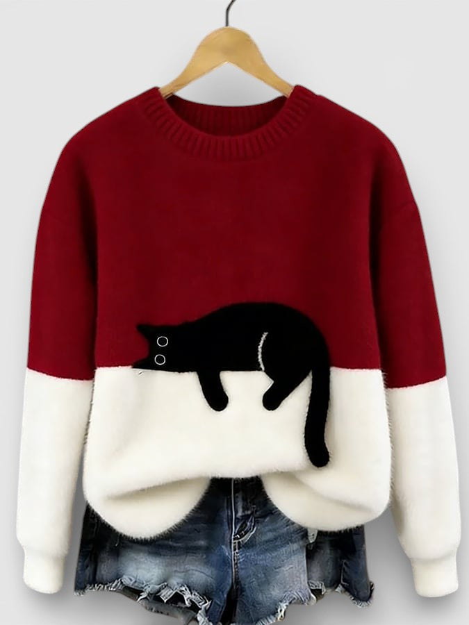 Pull femme en coton à motif chat pour l'automne, coupe décontractée pour le quotidien