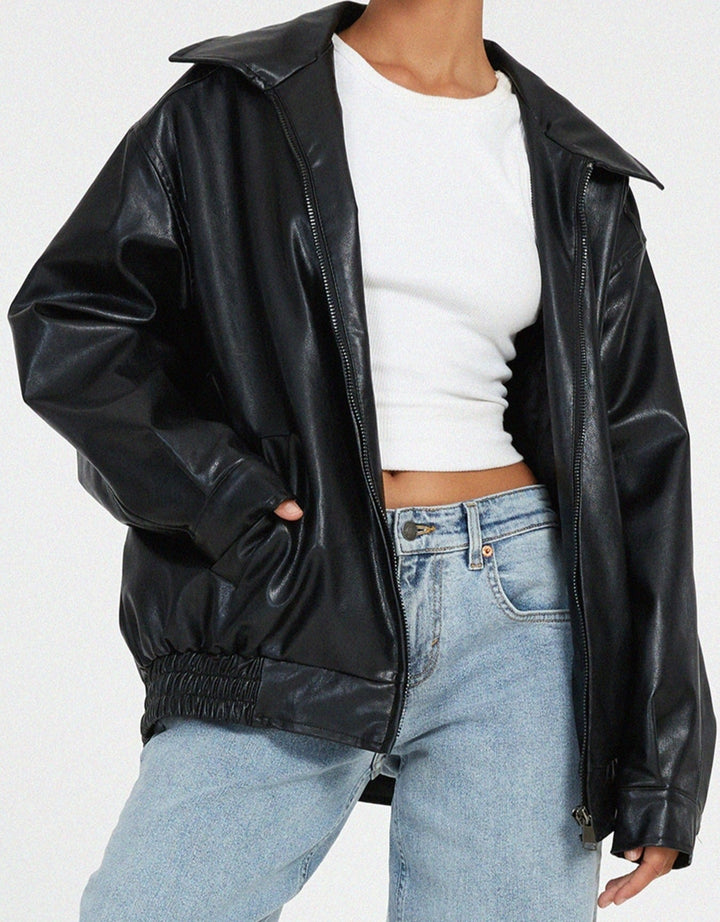Women's oversized leather biker jacket, ideal for autumn and mid-season