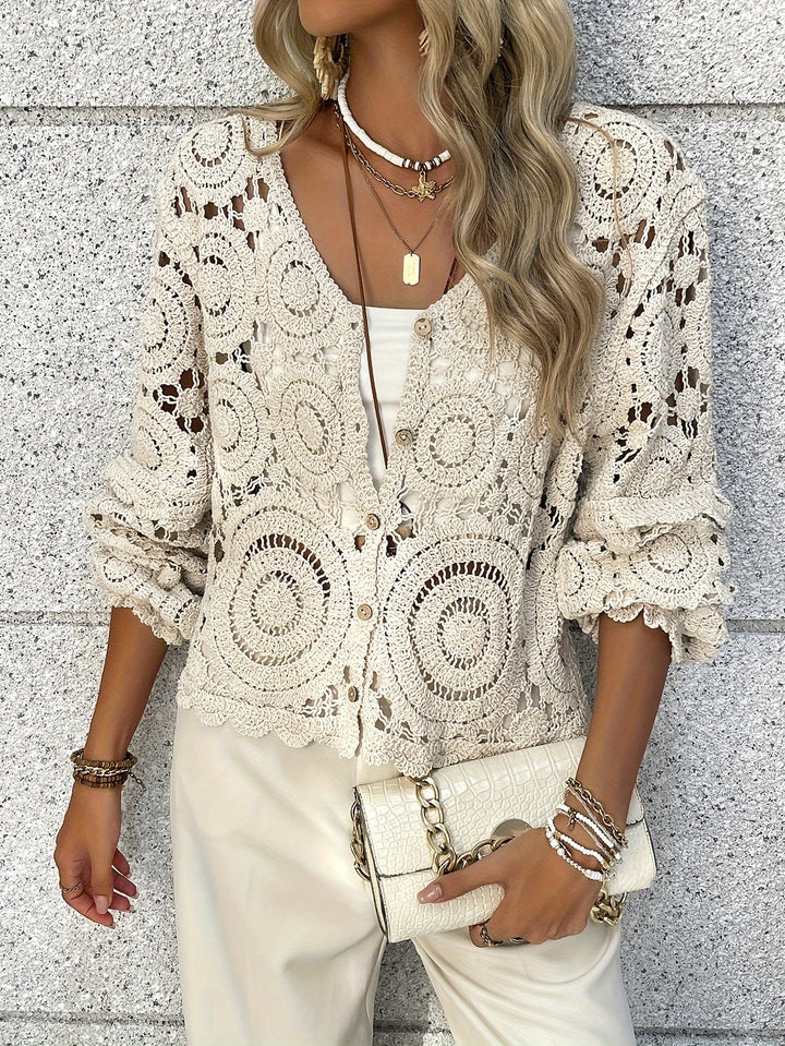 Ruxandra | Chic Lace Top with V-Neck and Long Sleeves for Women