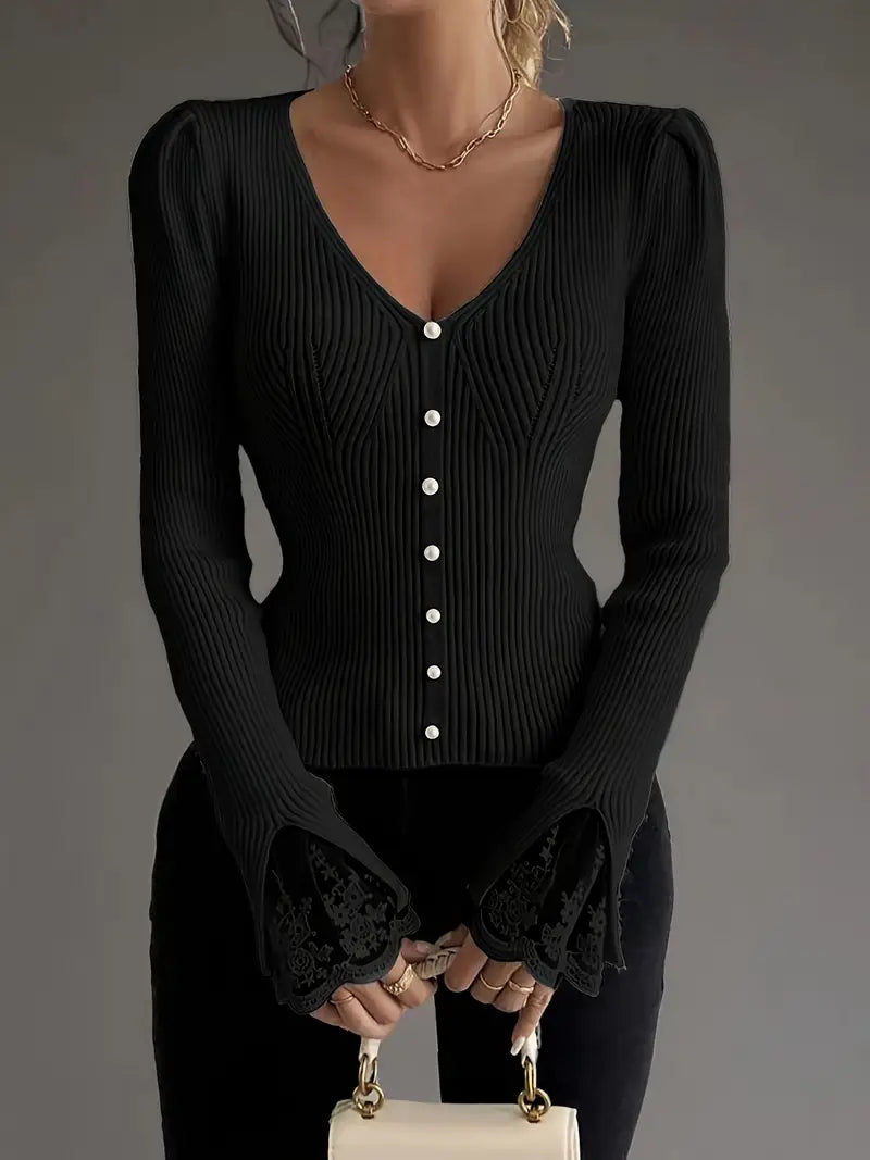 Pull en maille pour femme à col en V et texture côtelée pour l'automne
