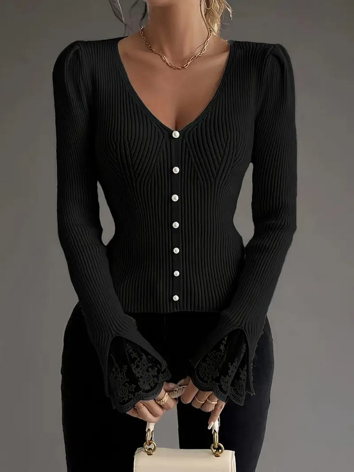 Pull en maille pour femme à col en V et texture côtelée pour l'automne