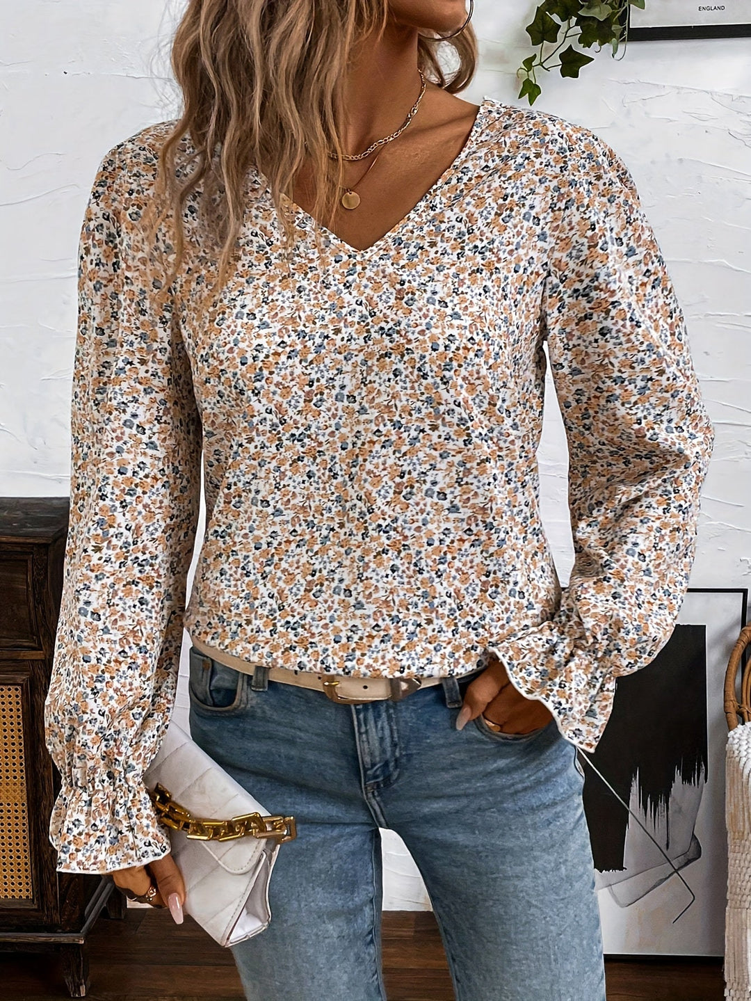 Eglantine | Chic Floral Print Blouse with V-Neck and Lace Bow Detail, Elegant Low Back Design