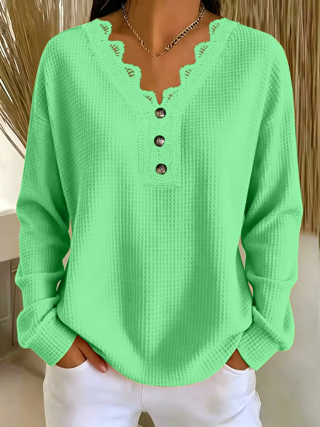 Women's V-neck lace-trimmed waffle-knit sweater with buttons, long-sleeve top for autumn