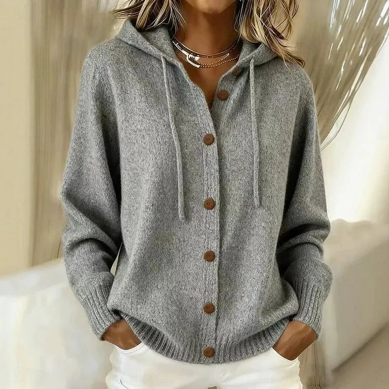 Gilet femme à capuche en maille douce avec boutons, cardigan chaud pour l'automne-hiver