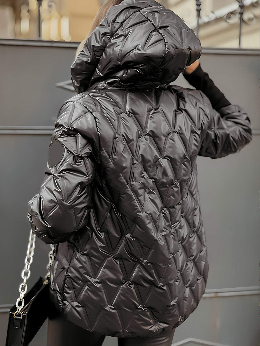 Doudoune femme à capuche matelassée brillante, veste d'hiver chaude et ample à manches 3/4