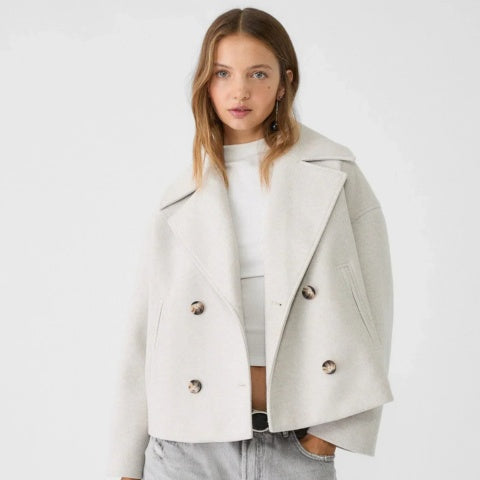 Elegant short wool coat for women, double-breasted, for autumn