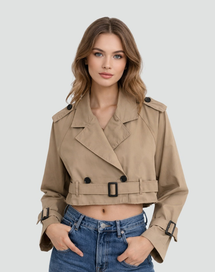 Trench court femme en coton avec ceinture, pour l’automne et la mi-saison