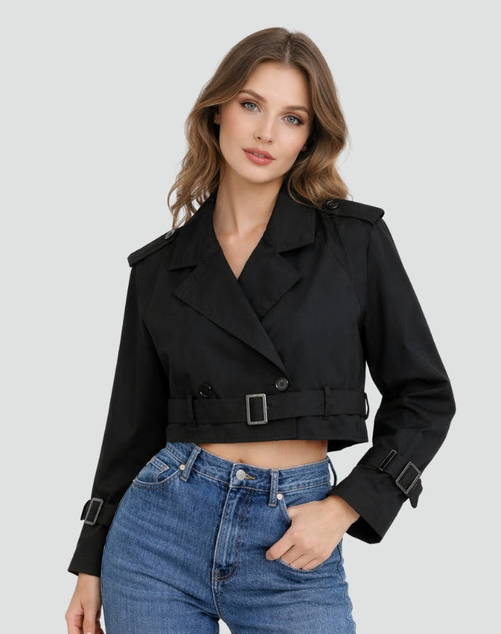 Trench court femme en coton avec ceinture, pour l’automne et la mi-saison