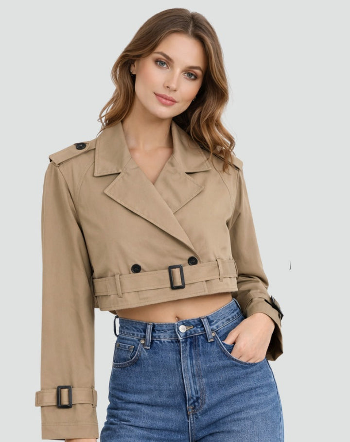 Trench court femme en coton avec ceinture, pour l’automne et la mi-saison