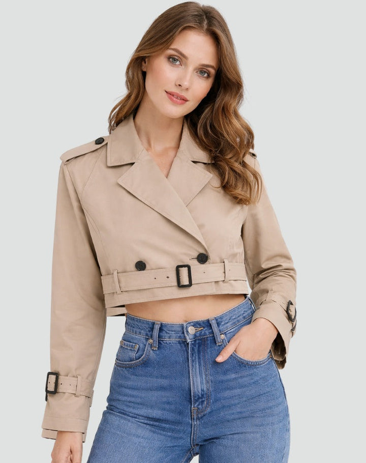 Trench court femme en coton avec ceinture, pour l’automne et la mi-saison