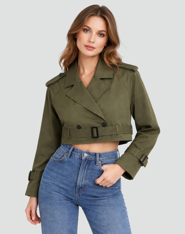 Trench court femme en coton avec ceinture, pour l’automne et la mi-saison