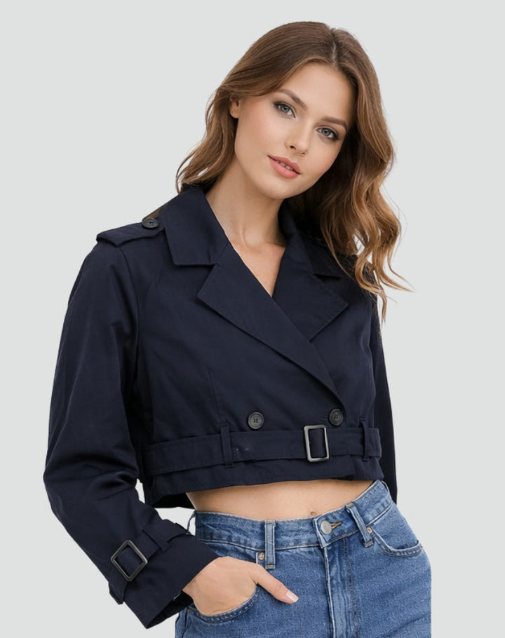 Trench court femme en coton avec ceinture, pour l’automne et la mi-saison