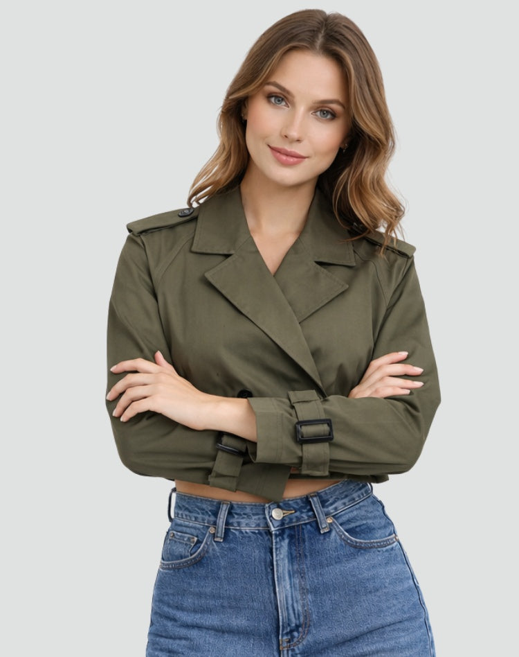 Trench court femme en coton avec ceinture, pour l’automne et la mi-saison