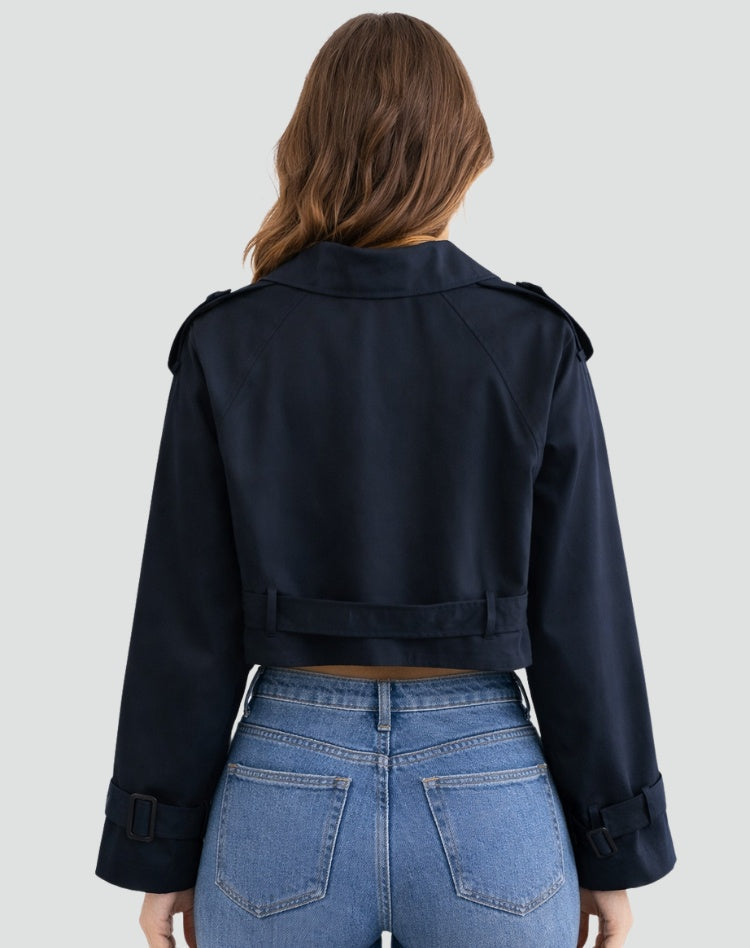 Trench court femme en coton avec ceinture, pour l’automne et la mi-saison