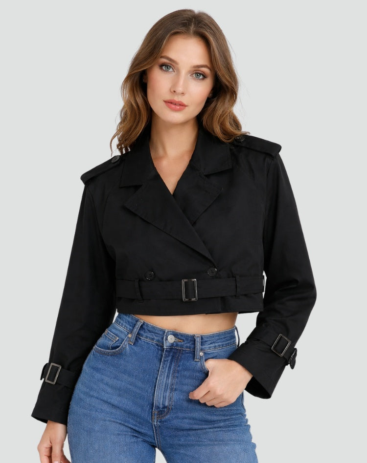 Trench court femme en coton avec ceinture, pour l’automne et la mi-saison