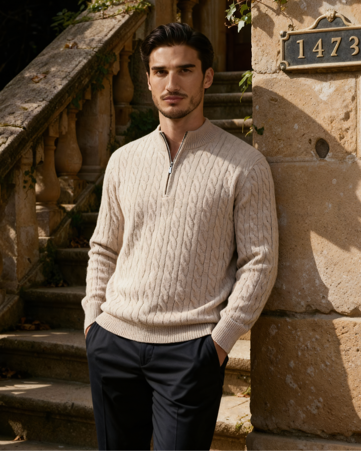 Pull homme en cachemire à col zippé, maille torsadée, pour l’automne