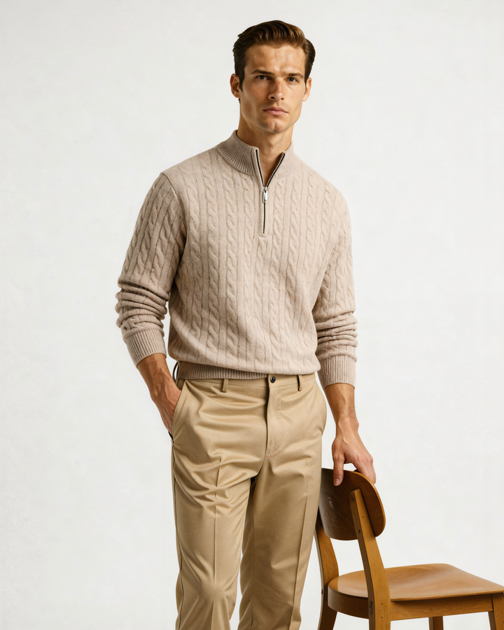 Pull homme en cachemire à col zippé, maille torsadée, pour l’automne