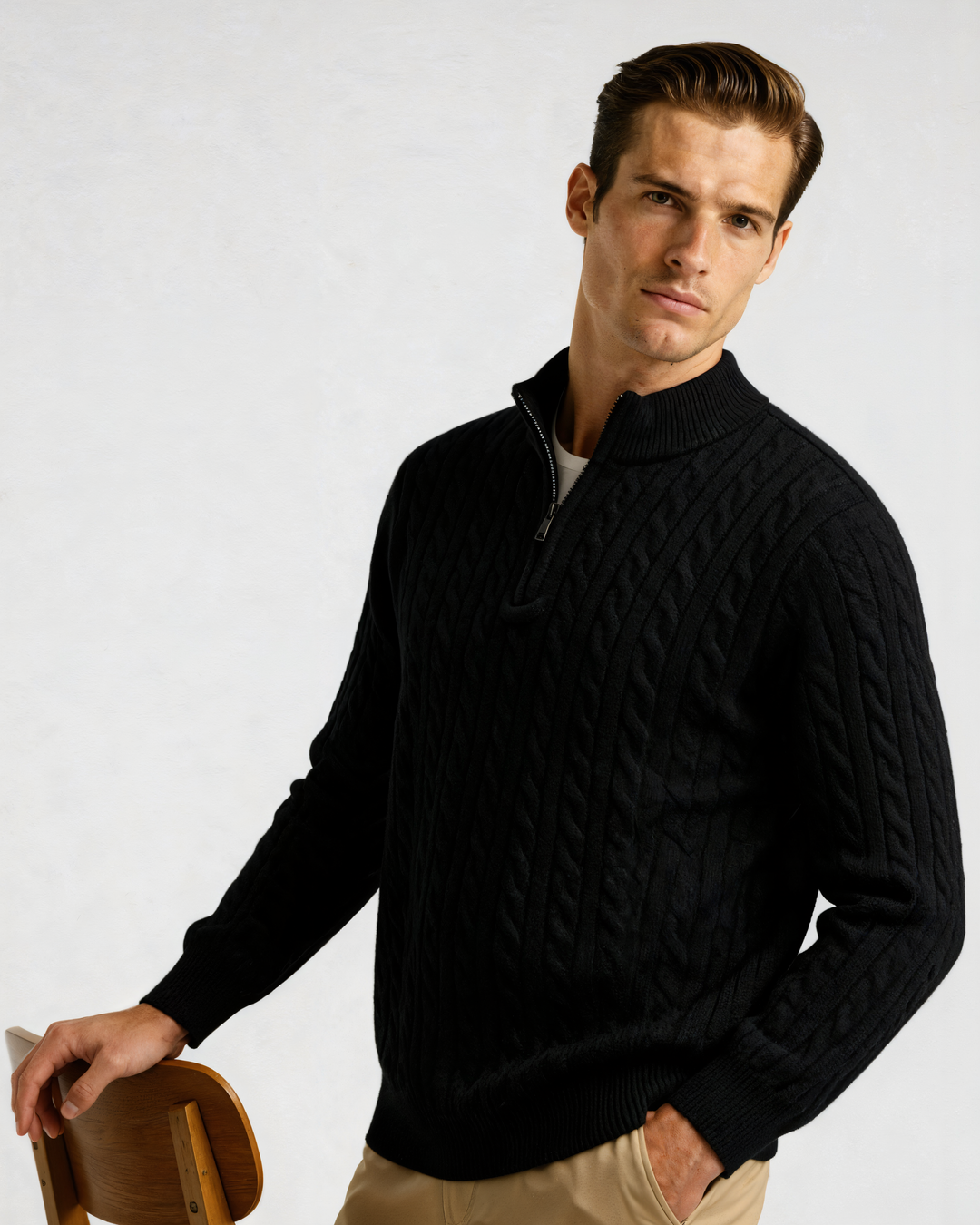 Pull homme en cachemire à col zippé, maille torsadée, pour l’automne