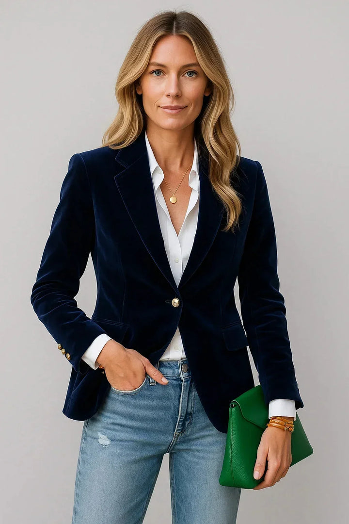 Women’s fitted velvet jacket for autumn, with a single-button closure.