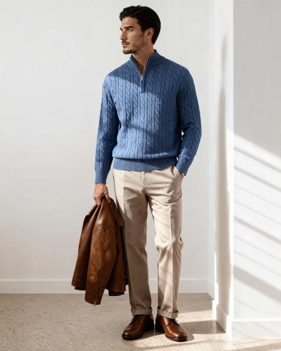 Pull homme en cachemire à col zippé, maille torsadée, pour l’automne