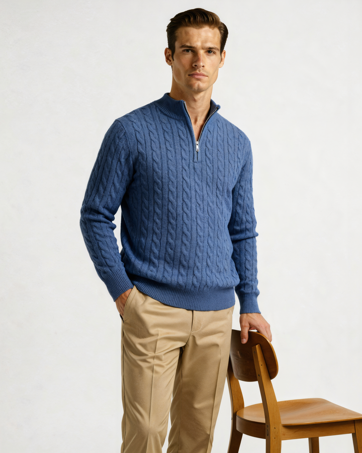 Pull homme en cachemire à col zippé, maille torsadée, pour l’automne