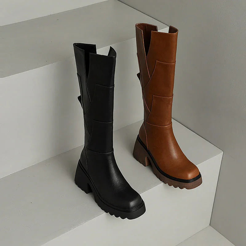 Women's high boots with chunky heels and a zipper for autumn