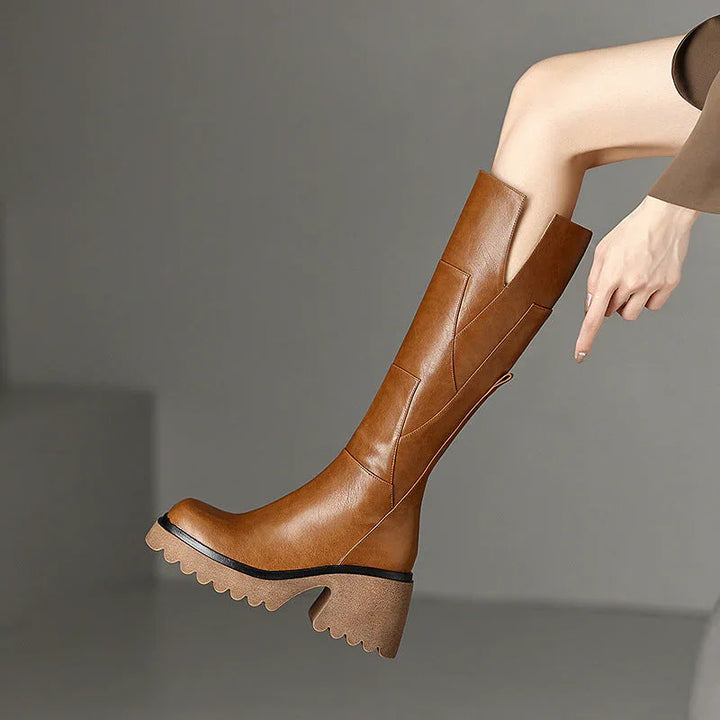 Women's high boots with chunky heels and a zipper for autumn