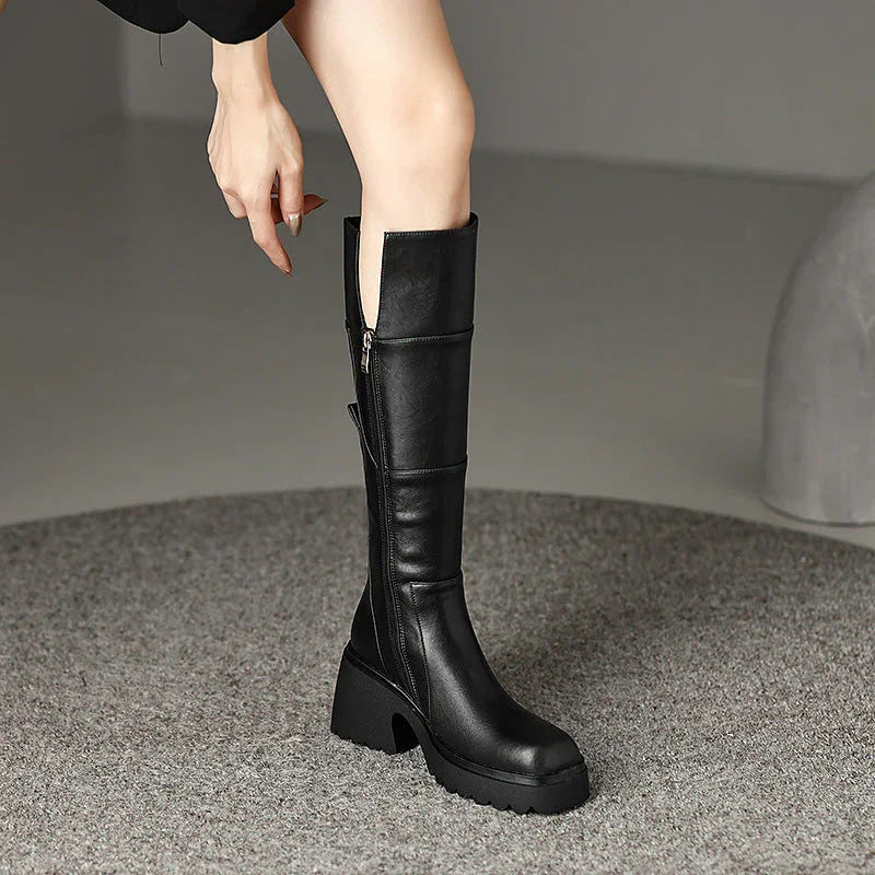 Women's high boots with chunky heels and a zipper for autumn