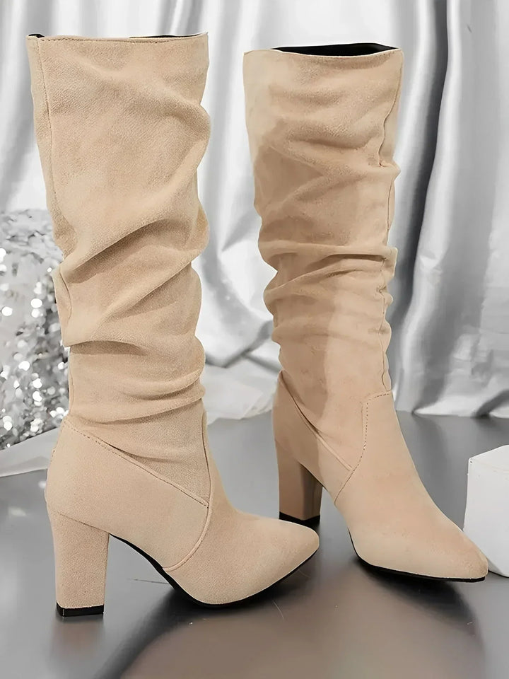 Women’s knee-high ruched block-heel boots for autumn