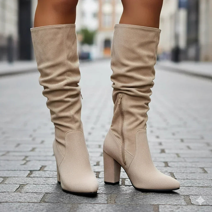 Women’s knee-high ruched block-heel boots for autumn