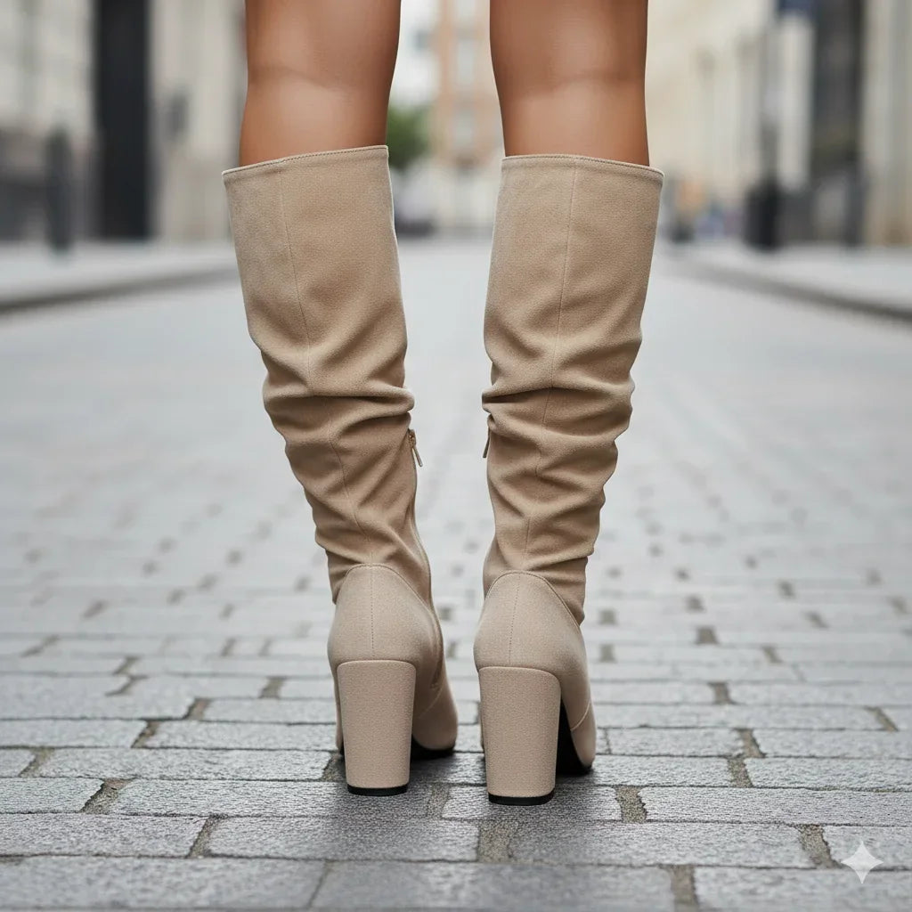 Women’s knee-high ruched block-heel boots for autumn