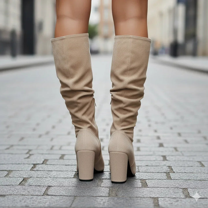 Women’s knee-high ruched block-heel boots for autumn