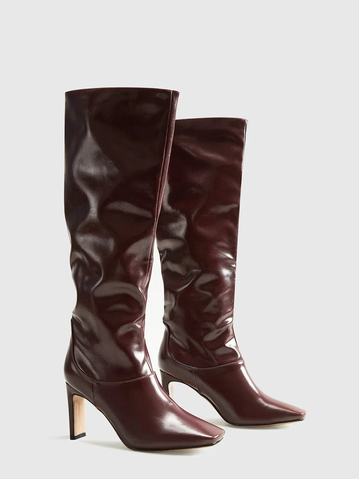 Bottes hautes en cuir pour femme à bout carré sur talon stable pour l'automne