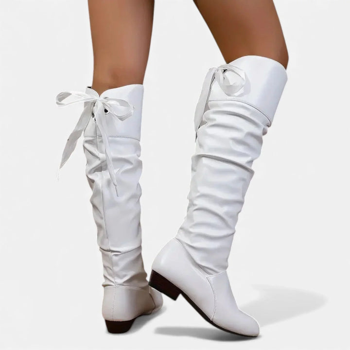 Bottes pour femme mi-mollet en cuir avec noeud et talon bas pour l'automne