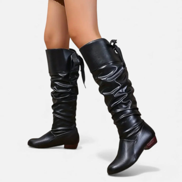 Bottes pour femme mi-mollet en cuir avec noeud et talon bas pour l'automne