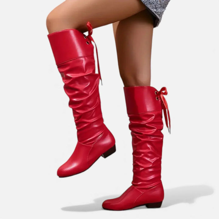 Bottes pour femme mi-mollet en cuir avec noeud et talon bas pour l'automne
