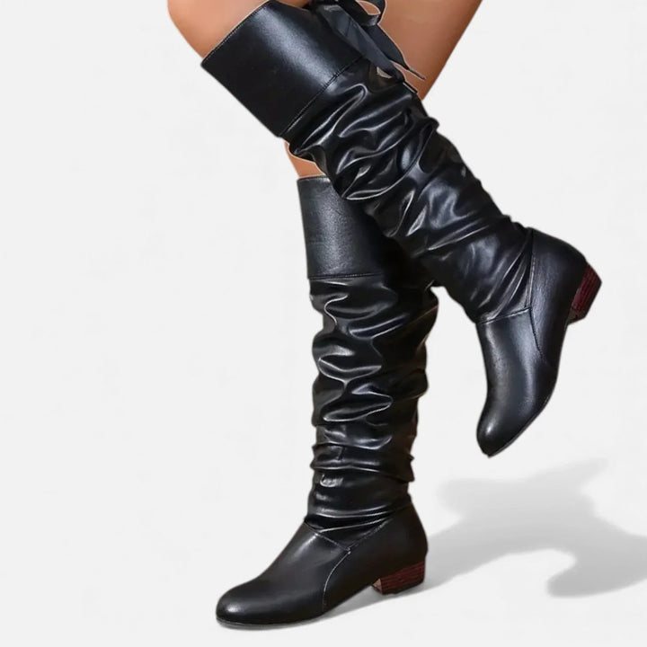 Bottes pour femme mi-mollet en cuir avec noeud et talon bas pour l'automne