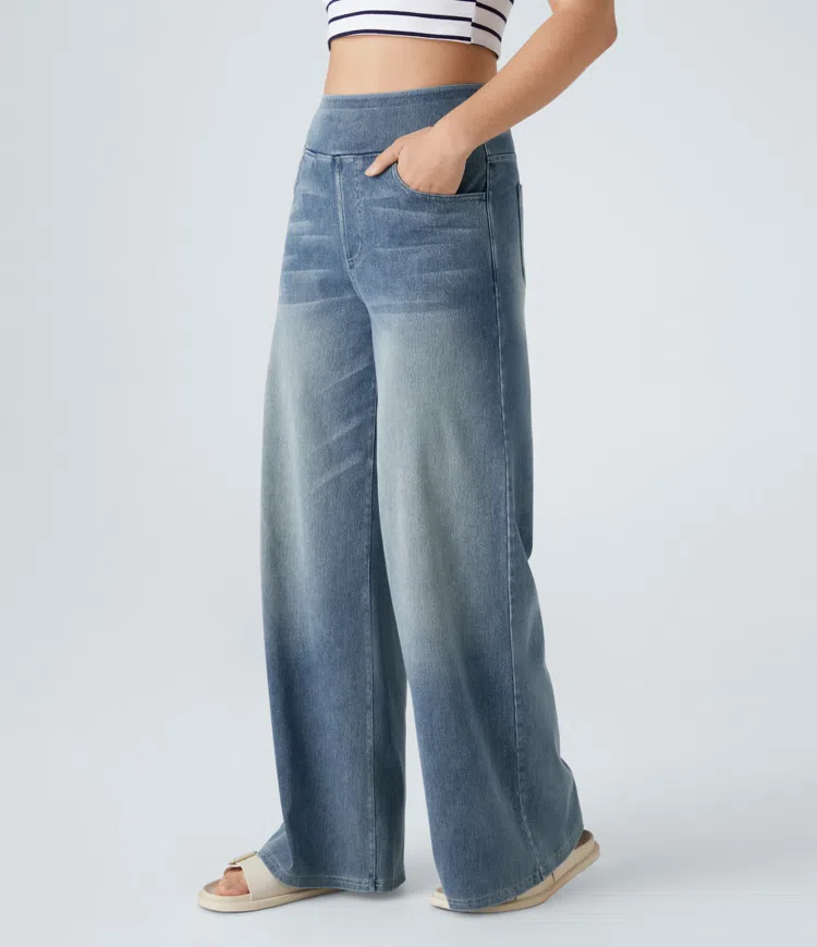Jean femme extensible taille haute à jambes larges, pantalon décontracté en denim pour l’automne